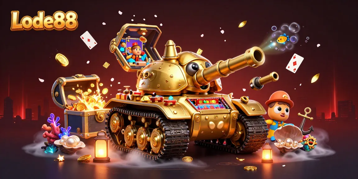 Lode88 invites players into a vibrant casino world inside a golden beetle tank, bursting with treasures and games.