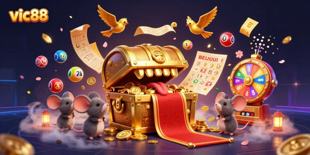 Experience the vibrant energy of vic88 with a dynamic 3D casino-themed illustration filled with luck and excitement.