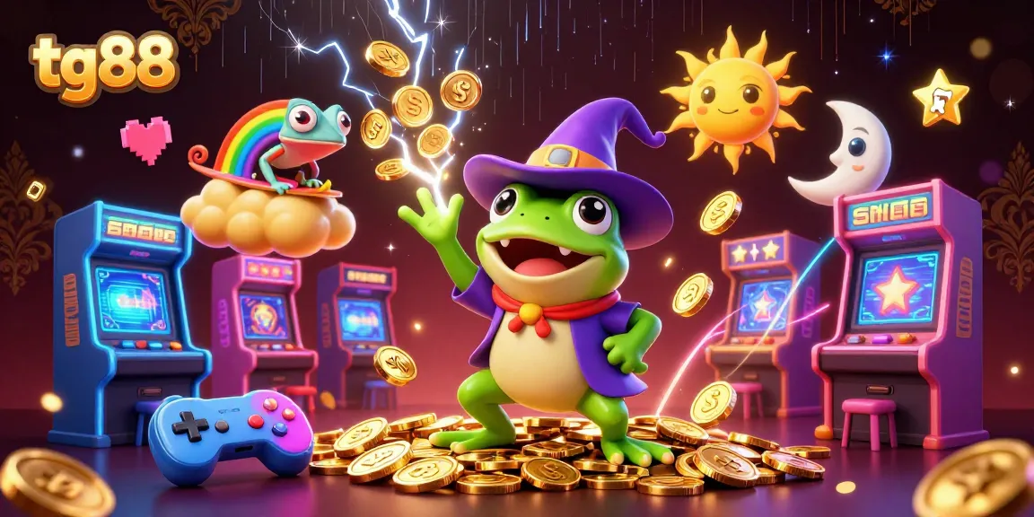Experience the excitement of tg88 with a dynamic illustration featuring magical characters, casino elements, and vibrant gold coins.