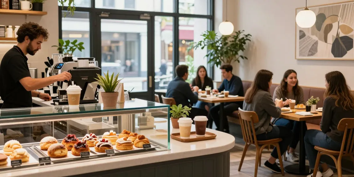 Barista at https://hm88.cafe/ preparing coffee in a cozy café with patrons.