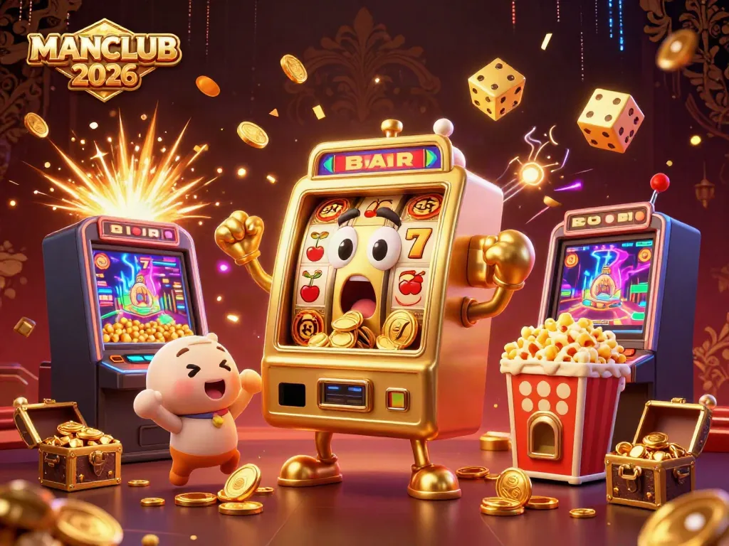 Experience the thrill of winning with MANCLUB 2026's vibrant jackpot scene featuring animated slot machines.