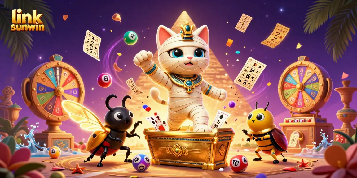 Jump into excitement with link sunwin, where a lively mummy cat and scarab beetle celebrate casino fun!