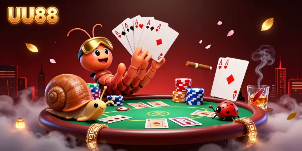 Experience the thrilling UU88 casino atmosphere with a vibrant, cartoonish dealer and colorful chips.