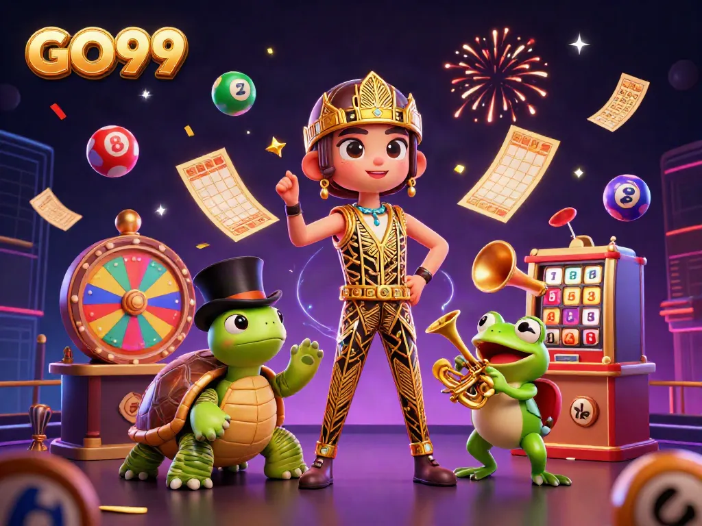 Engage in GO99's thrilling gaming experience, featuring vibrant Casino elements and lively characters.