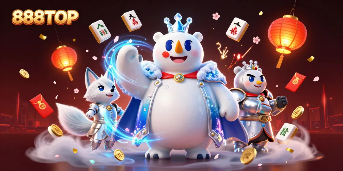 Engage with 888TOP's vibrant gambling scene featuring festive symbols and characters amidst dynamic elements.