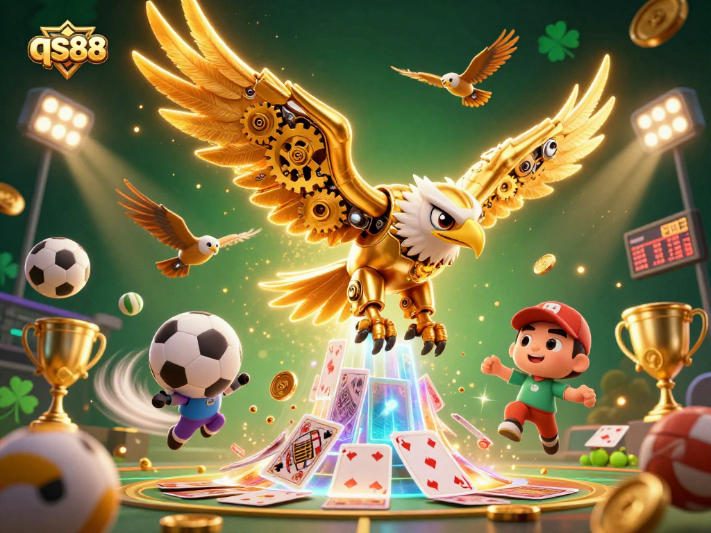 Experience thrilling gaming at qs88 as a golden eagle dives through vibrant playing cards amidst sports action.