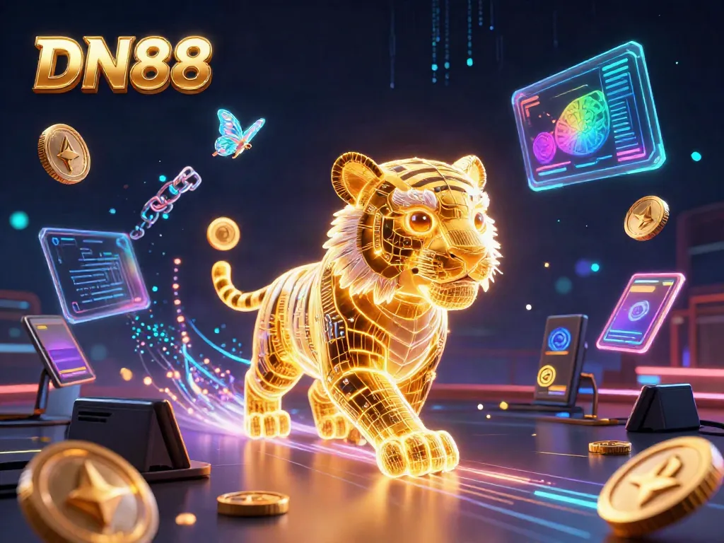 Spin and win big with DN88's dazzling casino adventure featuring neon elements and crypto coins.