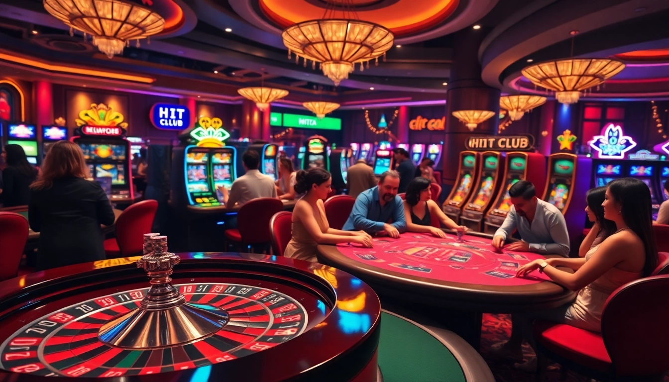 Experience the excitement of winning at Hit club with vibrant casino tables and slot machines.