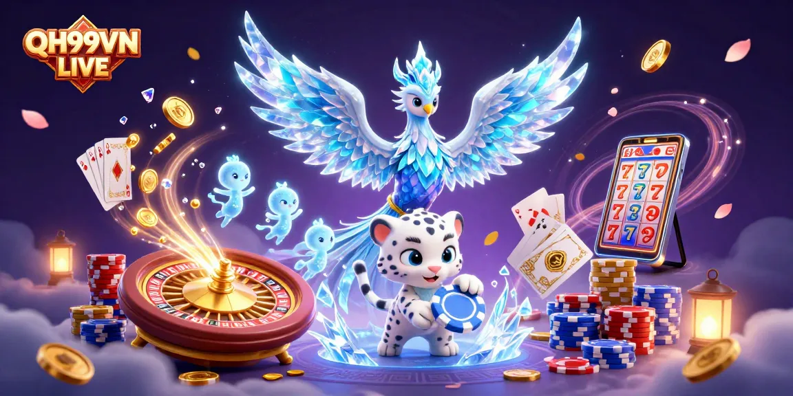 Play exciting games at QH99VN LIVE with vibrant 3D illustrations featuring enchanting characters in a casino scene.