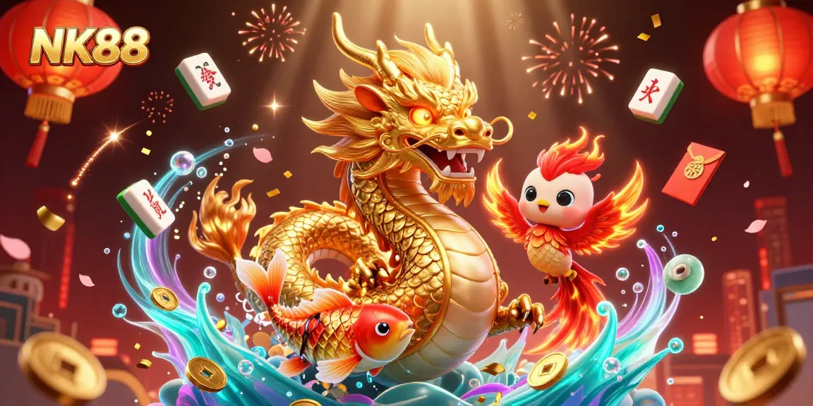 Experience excitement at NK88 with a magical scene featuring a golden dragon, phoenix, and koi fish amidst colorful casino elements.