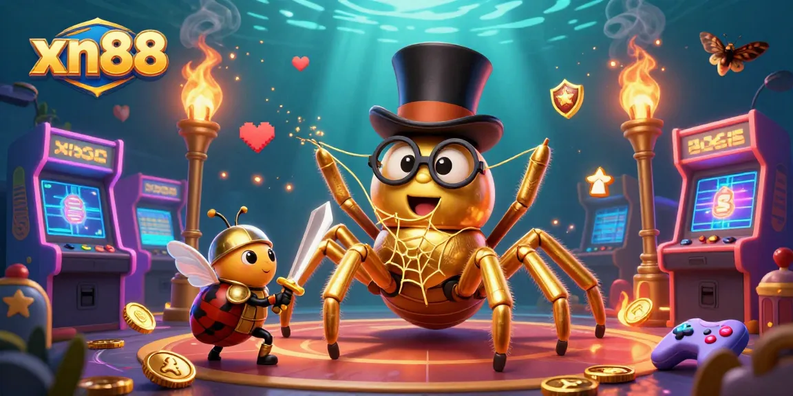 Xn88 offers an engaging experience with a dazzling casino scene featuring a golden tarantula and arcade games.