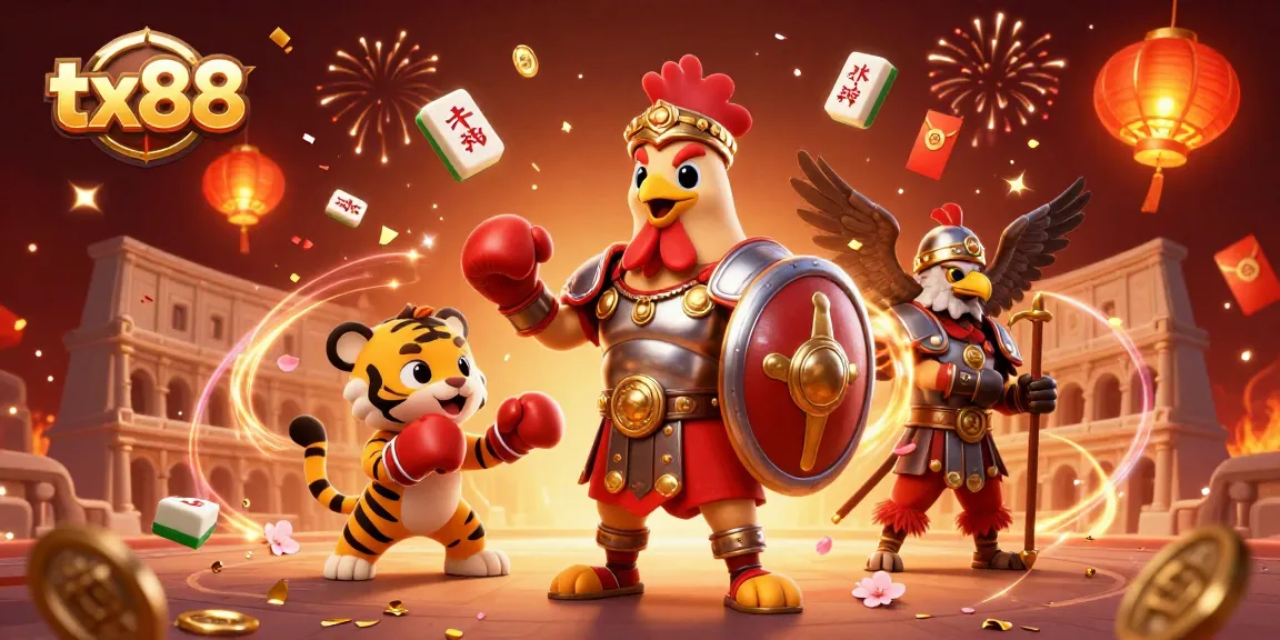 Engage with an energetic tx88 casino scene featuring a gladiator rooster and festive elements.