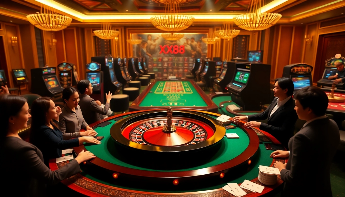 Join the excitement at XX88 with players at a luxurious roulette table in an online casino.