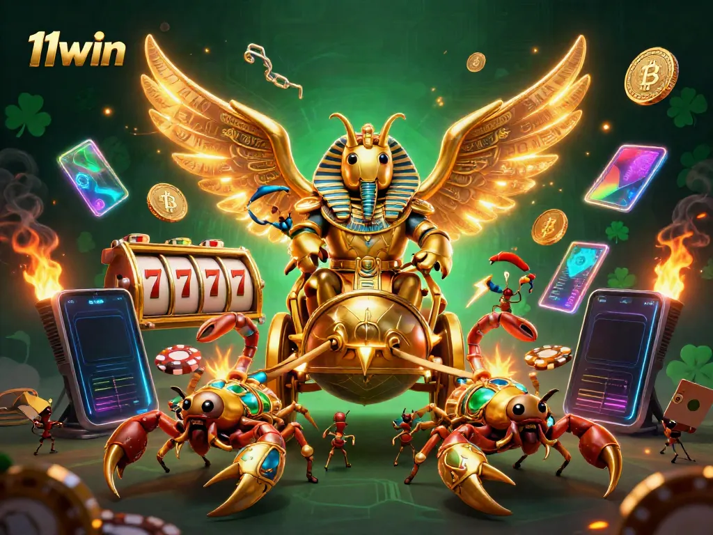 Experience the thrill of 11win with a golden scarab and vibrant casino elements in dynamic action.