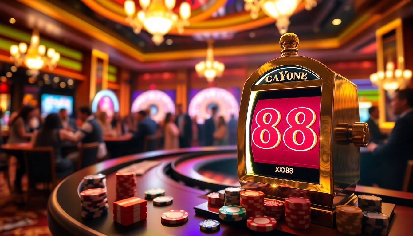 Players engaging with slot machines at XX88 casino, showcasing excitement and luxury.