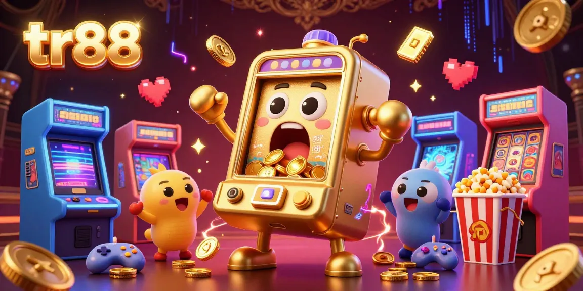 tr88 slot machine winning a jackpot amidst cheering baby slots and popcorn machine in vibrant casino scene