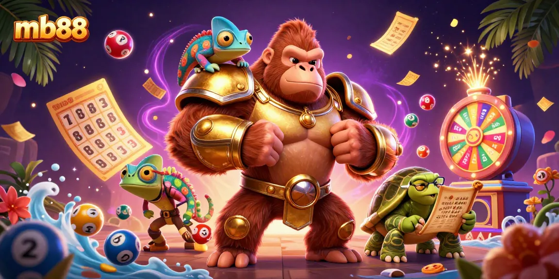 Experience thrilling gaming at mb88 with a powerful gorilla king, a chameleon spy, and a wise tortoise in a vibrant casino scene.