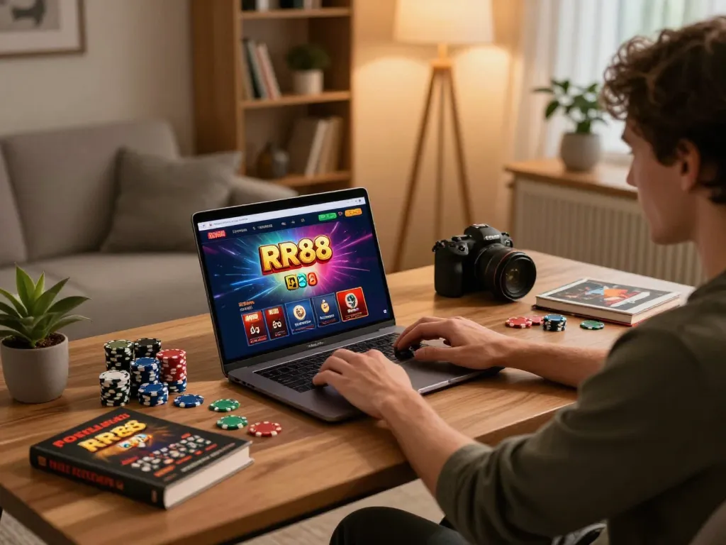 Player enjoying interactive games on RR88's platform at home, thoughtfully engaging in online casino activities.