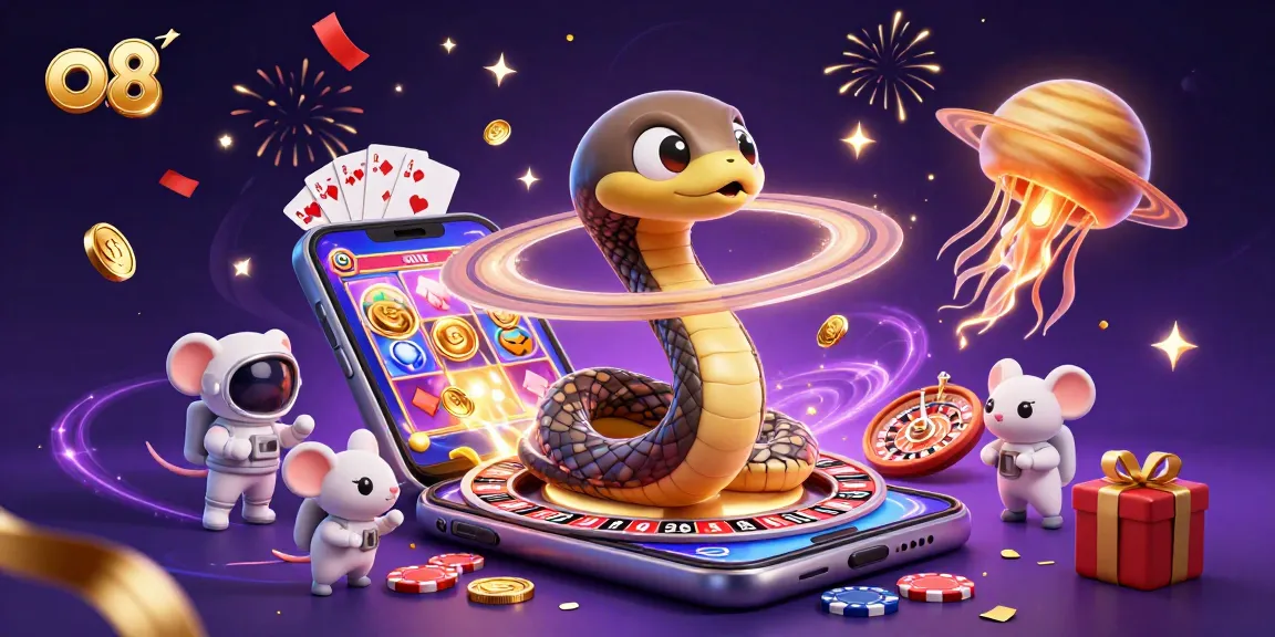 Play the o8 online casino with vibrant artwork featuring snakes, astronauts, and joyous celebration elements.