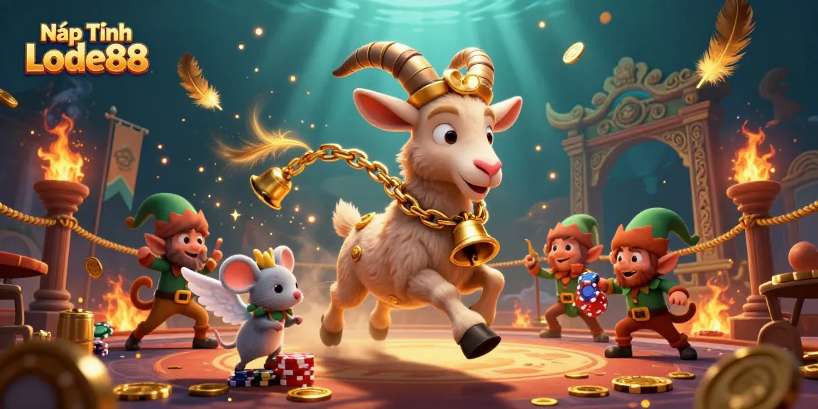 Nạp Tiền Lode88 showcases a lively 3D casino scene featuring a Krampus goat, angel mouse, and gremlins in action.