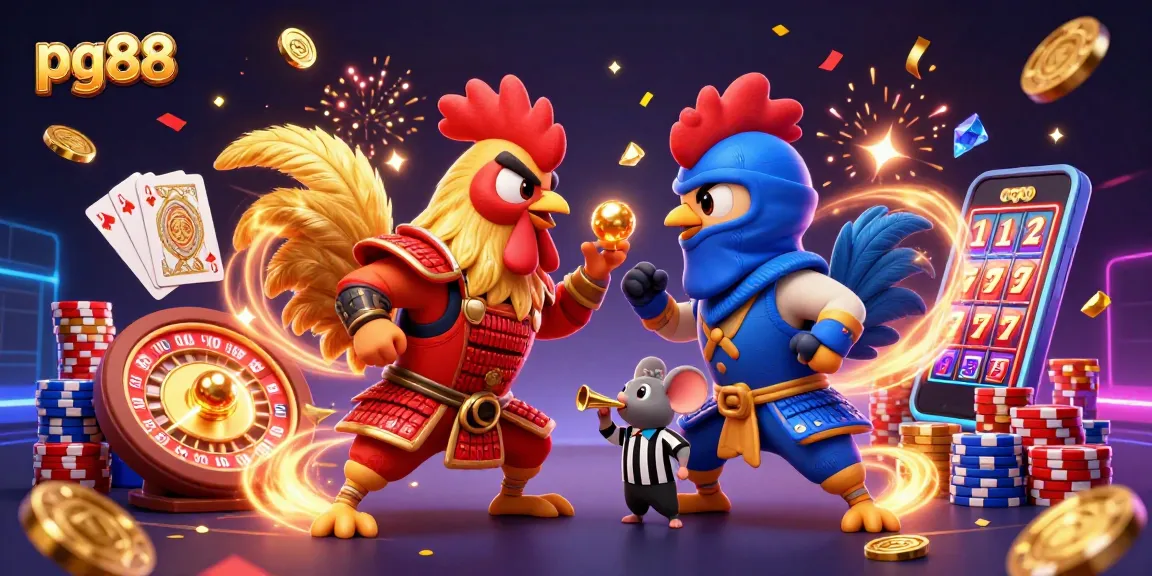 Experience thrilling action at pg88 with fighting roosters and cascading casino elements in ultra-detailed 3D.