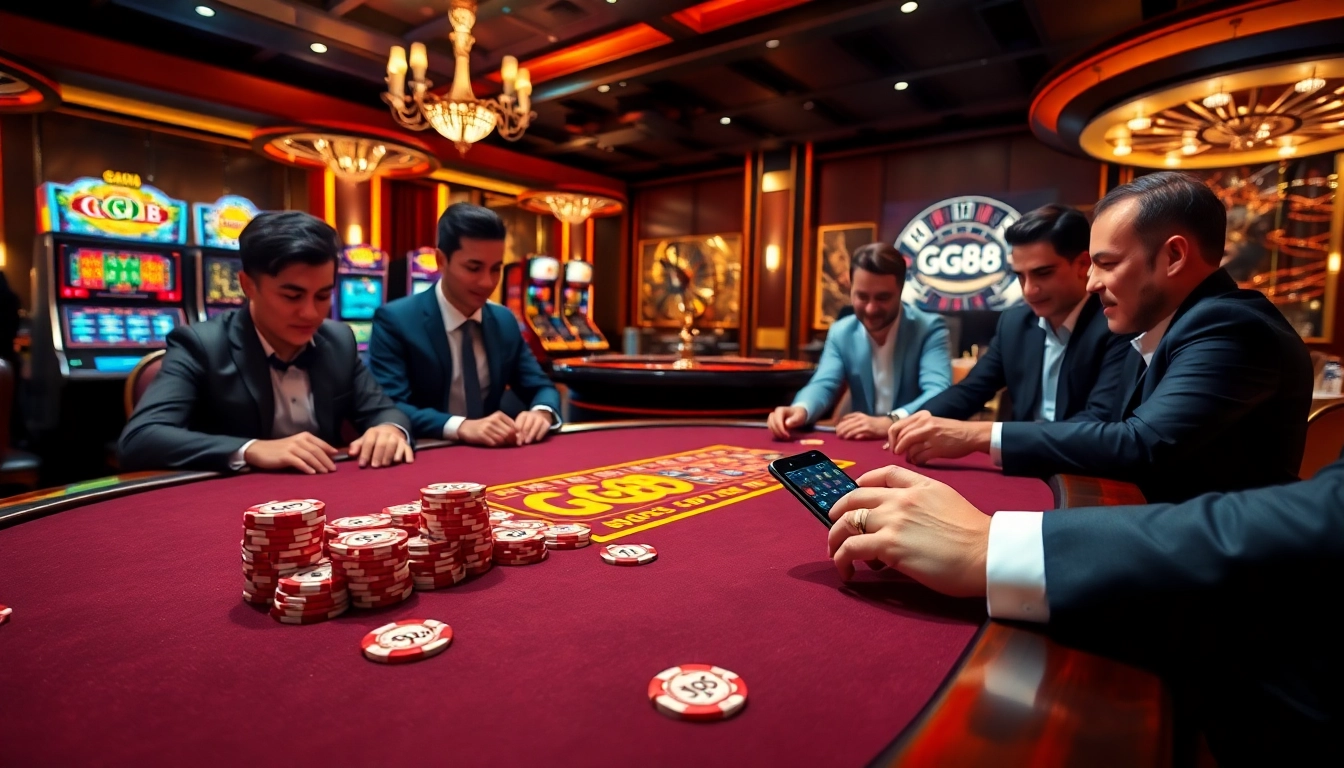 Experience GG88 themed casino excitement with elegant poker chips and vibrant slot machines.