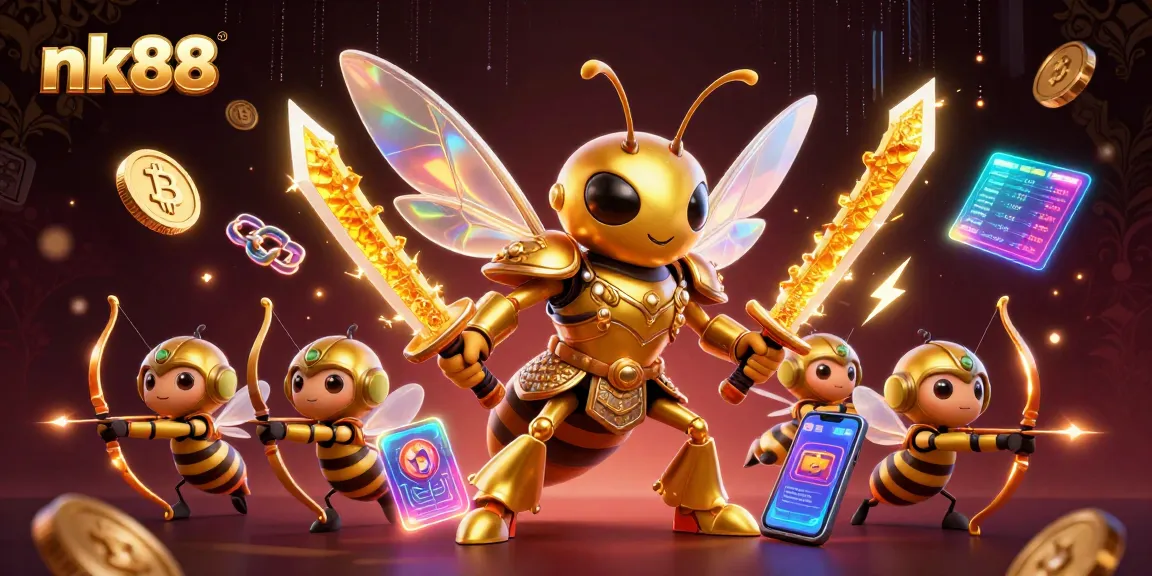 Engage with nk88 in an action-packed casino scene featuring vibrant dynamic characters and crypto elements.