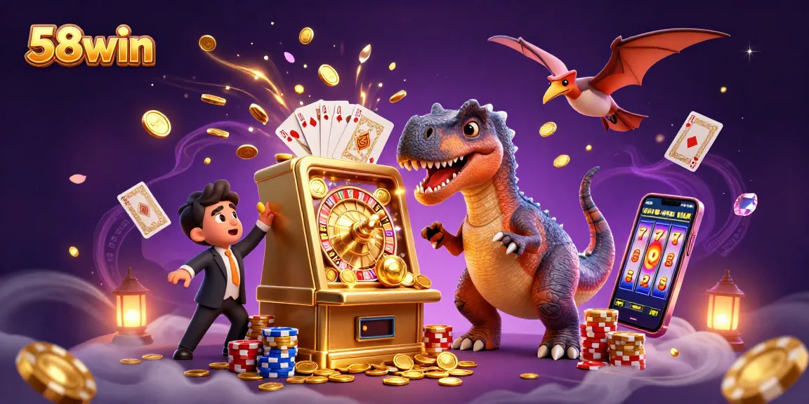 58win features a thrilling scene with slot machines, coins flying, and dynamic characters celebrating victories.