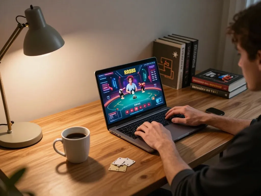 Engaging in online poker gameplay on RR88 platform, showcasing a cozy home environment.