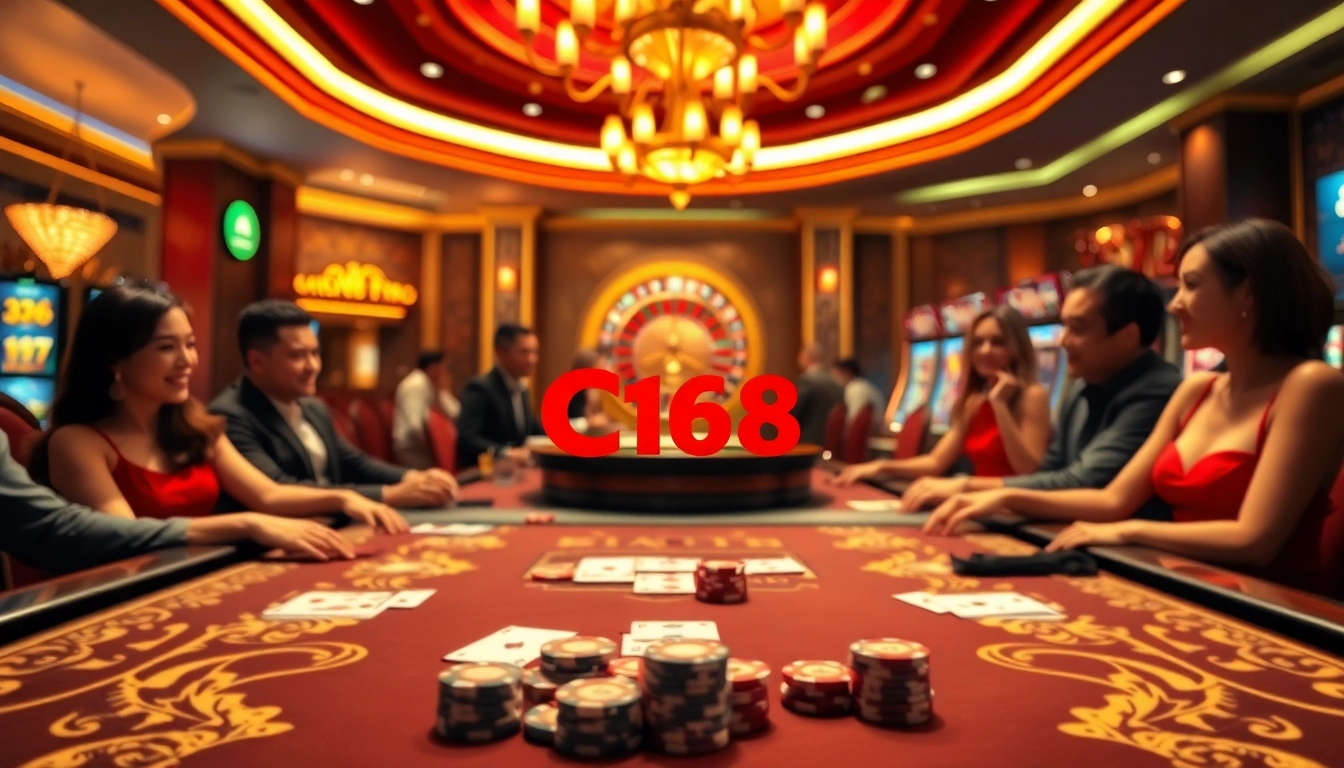 Exciting gameplay at Nhà cái C168 casino with vibrant poker chips and cards.