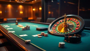 Exciting gaming scene at https://888new.jpn.com/ with poker table and roulette wheel under ambient lighting.