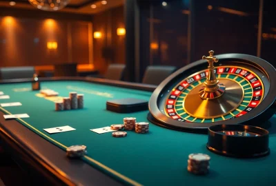 Exciting gaming scene at https://888new.jpn.com/ with poker table and roulette wheel under ambient lighting.