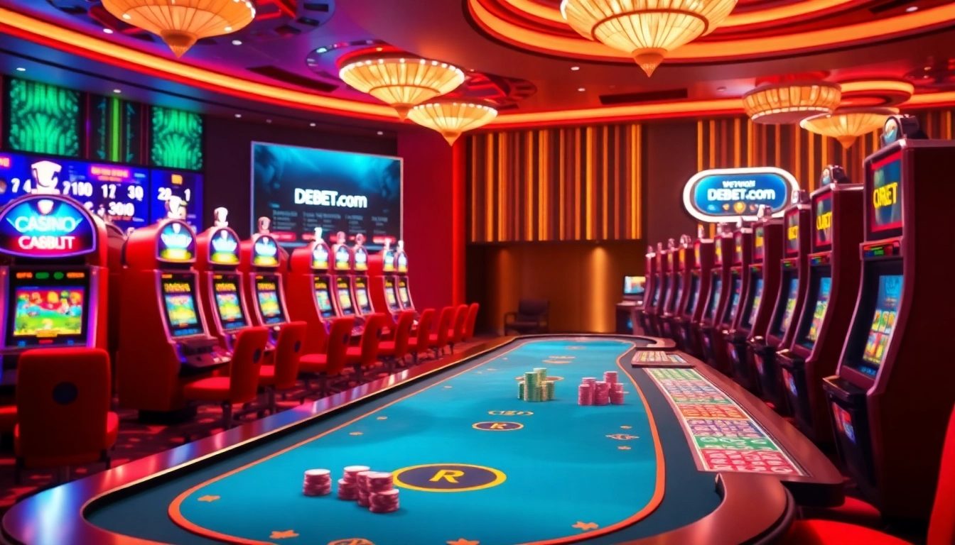 Play with excitement at DEBET.Com, enjoying a luxurious casino ambiance filled with vibrant gaming options.