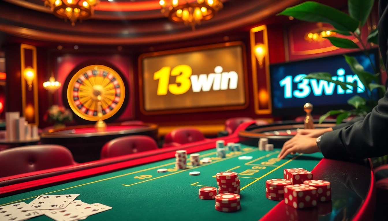 Gambling action at a vibrant casino table featuring nhà cái 13win logo, showcasing cards and chips.