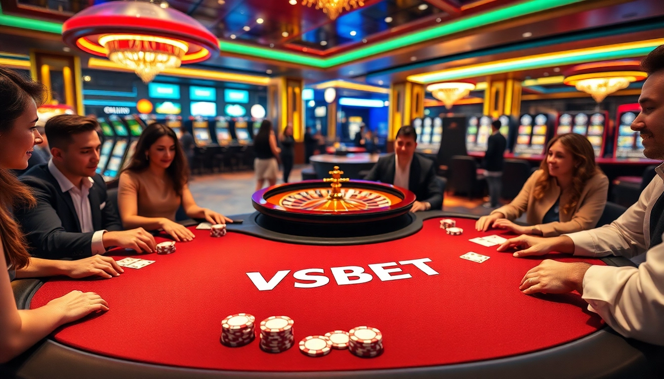 VSBET gaming table with vibrant poker chips, cards, and roulette wheel in action.