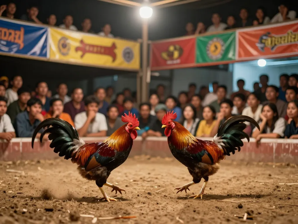Engaging scene of đá gà trực tiếp with passionate spectators watching intense rooster fights, showcasing excitement and vibrant colors