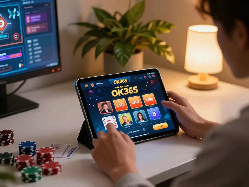 Person enjoying online gaming on the Nhà cái OK365 app at a stylish home setup.