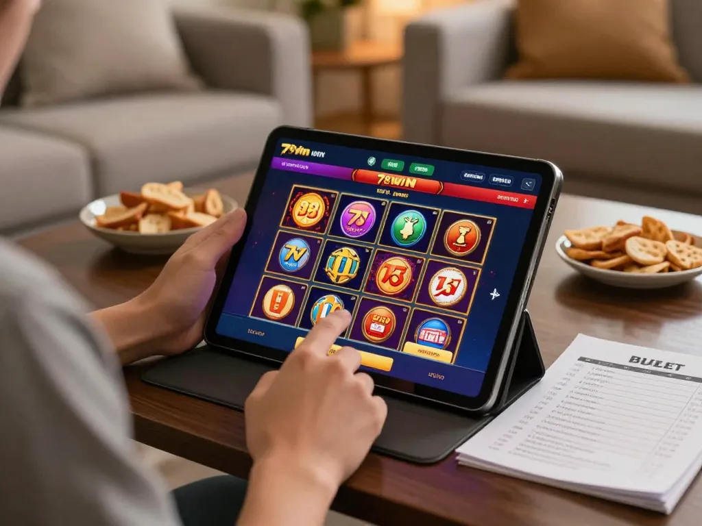 Engaging in online casino play with link 78win on tablet, comfortable home setting showcasing responsible gambling