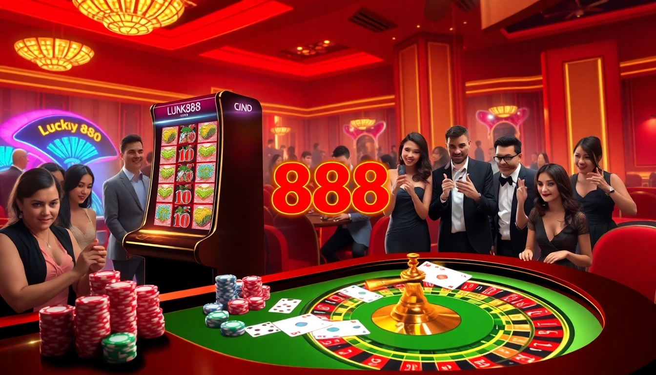 Engaging players experiencing excitement at LUCKY88 slot machine in a luxurious casino setting.