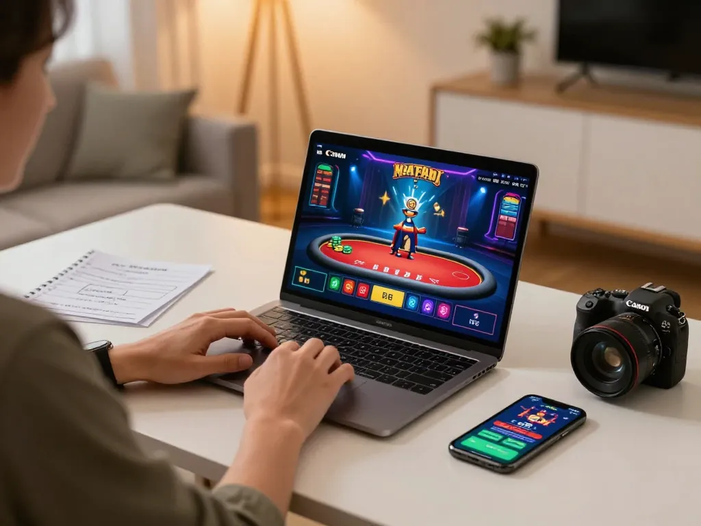 RR88 player making strategic bets on a laptop in a cozy home gaming space