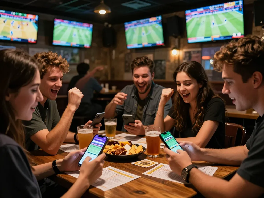 Friends using the mm88star app to place bets while enjoying live sports at a lively sports bar