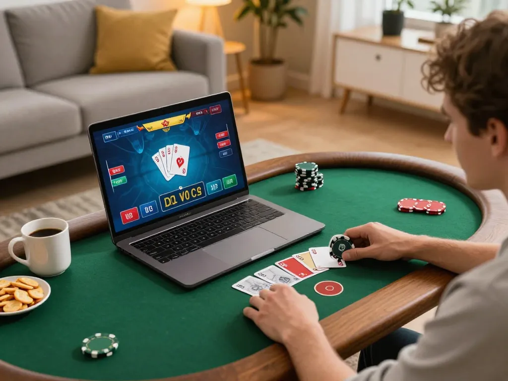 Player enjoying online poker on jkp88 from a cozy living room, showcasing dynamic gameplay and comfortable atmosphere