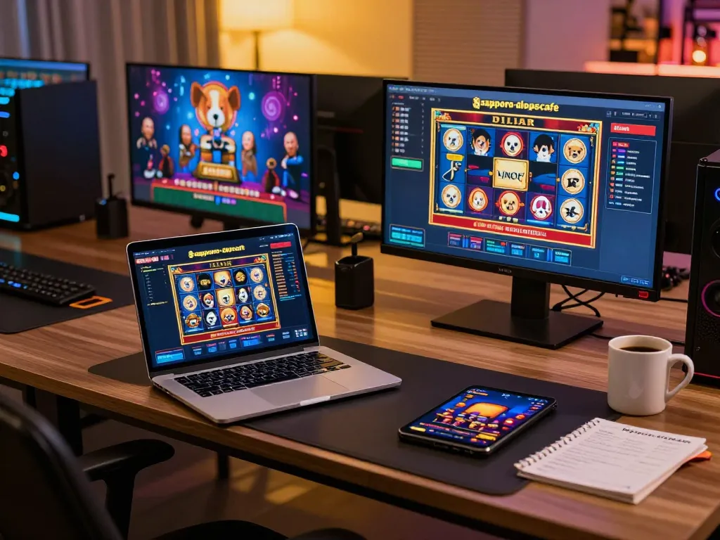 Engaged player exploring sapporo-dogscafe slot games on a modern laptop, showcasing an immersive online gambling experience.