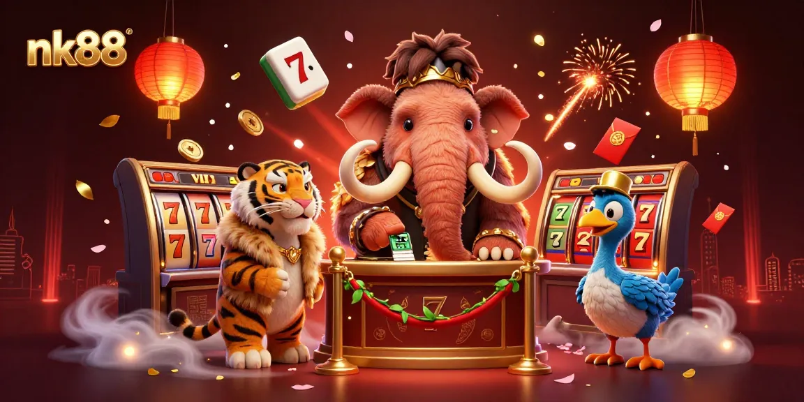 Experience thrilling moments at nk88 with a bustling casino scene featuring dynamic characters and festive elements.