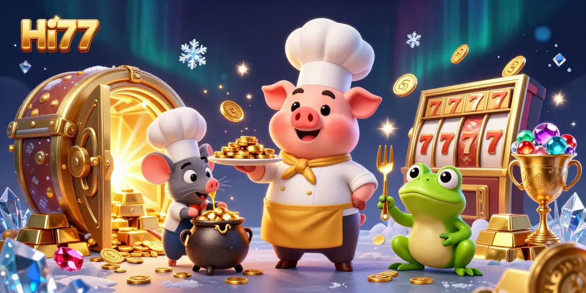 Experience Hi77's exciting golden treasures and jackpots with a dynamic casino-themed scene featuring engaging characters.