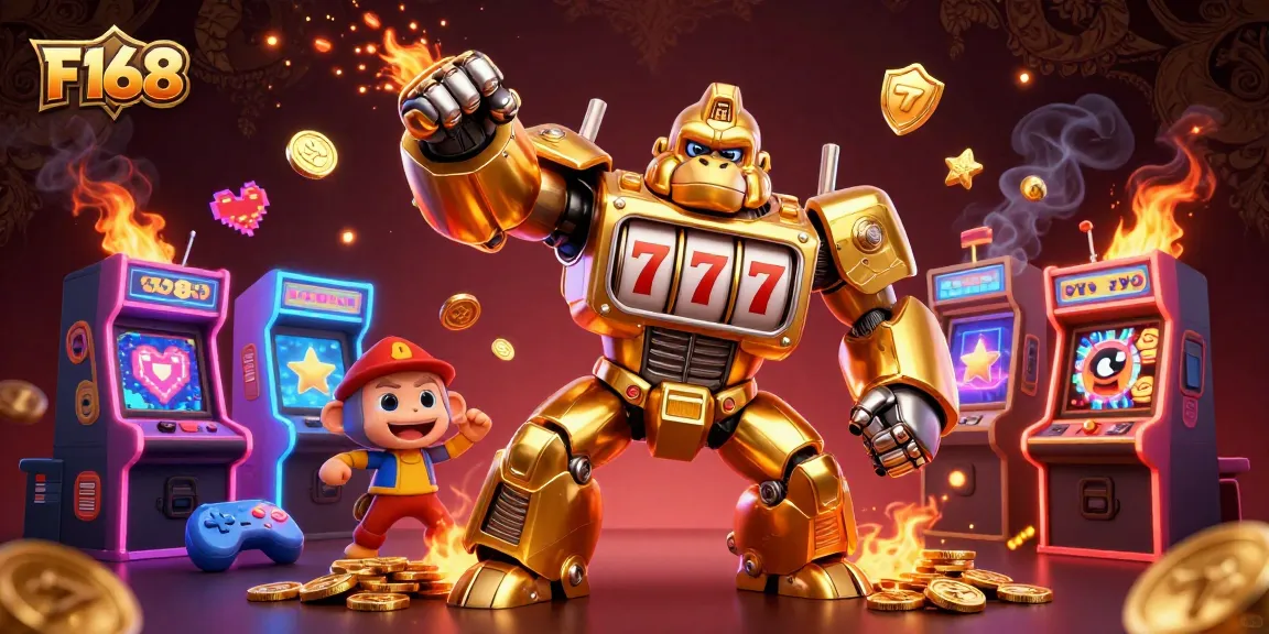 Experience the excitement of F168 through a dynamic 3D rendering of a golden gorilla mech and classic casino elements.