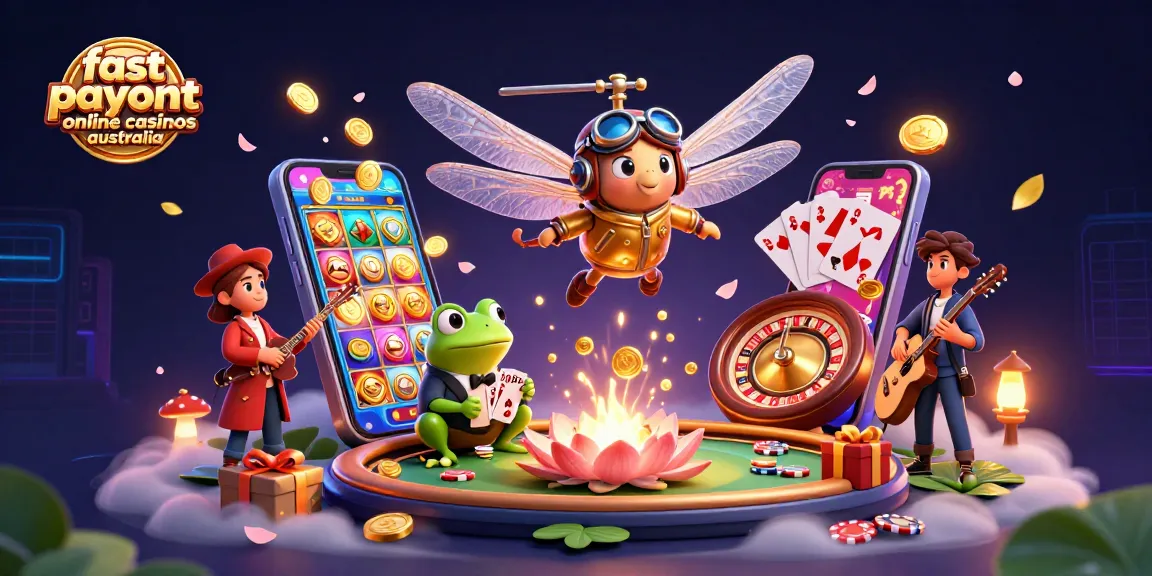 Experience fast payout online casinos australia with vibrant 3D illustration featuring a dragonfly pilot and interactive casino elements.