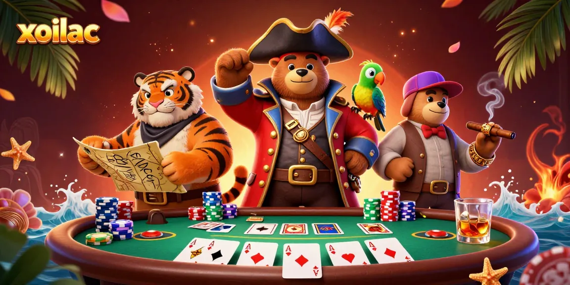 Xoilac brings thrilling poker action with vibrant cartoon characters in a dynamic gambling scene.