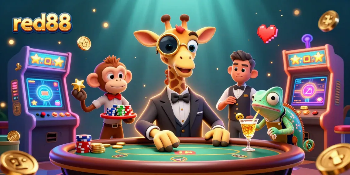 Experience the excitement of red88 with a cartoon giraffe at a VIP poker table amidst dynamic gaming elements.