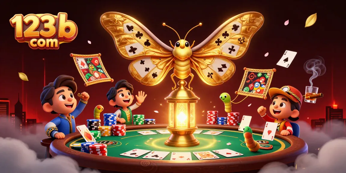 Engage in thrilling poker action with 123b com's vibrant casino illustration showcasing golden moths and dynamic gameplay.